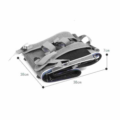 A grey multi-functional pet bike carrier folded flat to 38×38×7cm, showcasing its space-saving foldable design that simplifies storage and transport, addressing the inconvenience of bulky pet gear.