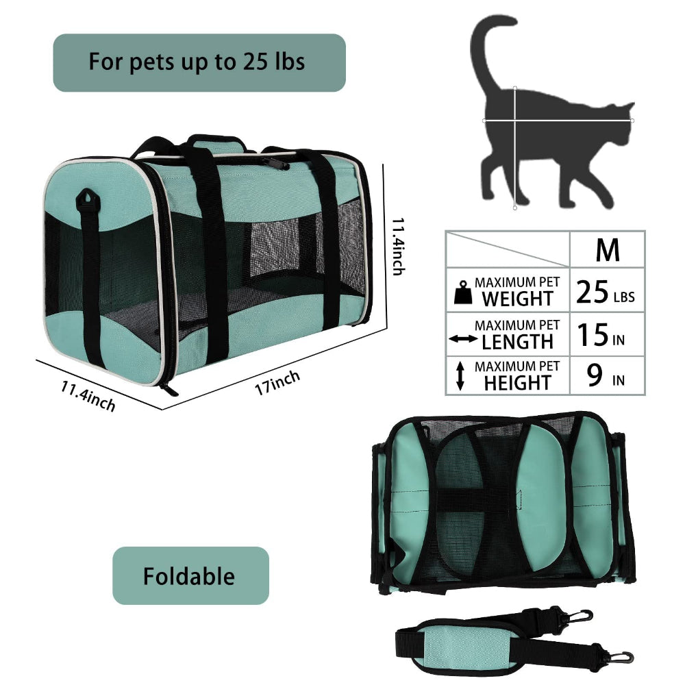 Pet carrier with dimensions and foldable design, suitable for pets up to 25 lbs – a practical solution to eliminate storage concerns and sizing guesswork, offering compact storage and easy transport for your pet.