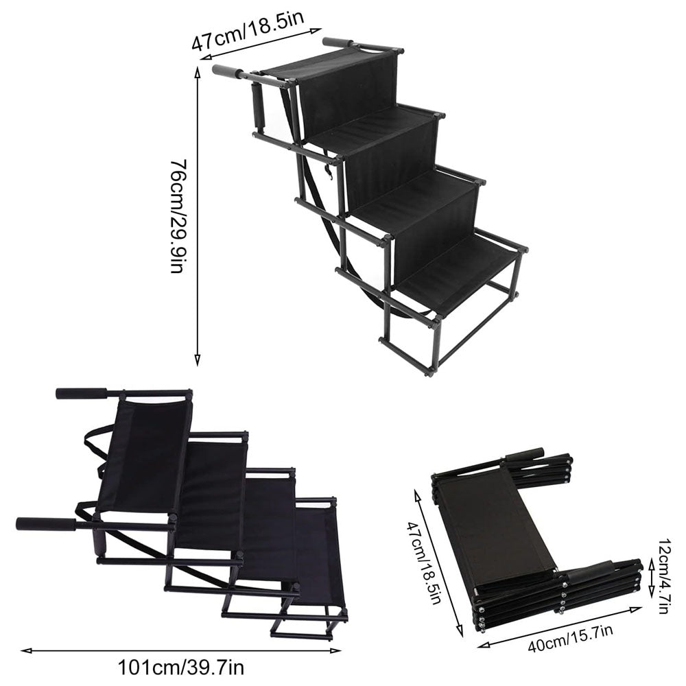Foldable 4-step dog stairs for cars, SUVs, and high beds, showing unfolded dimensions (76cm height, 47cm width) and compact folded size (40cm x 12cm) for easy storage and travel, ideal for senior or large dogs.
