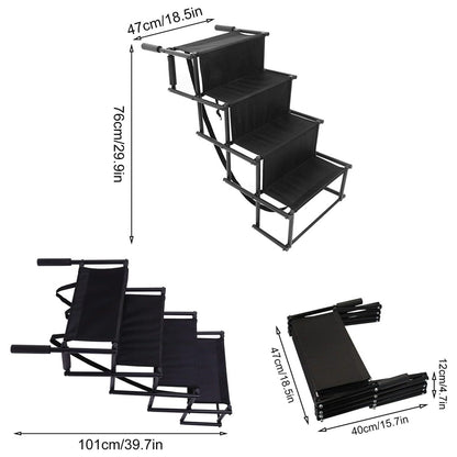 Foldable 4-step dog stairs for cars, SUVs, and high beds, showing unfolded dimensions (76cm height, 47cm width) and compact folded size (40cm x 12cm) for easy storage and travel, ideal for senior or large dogs.
