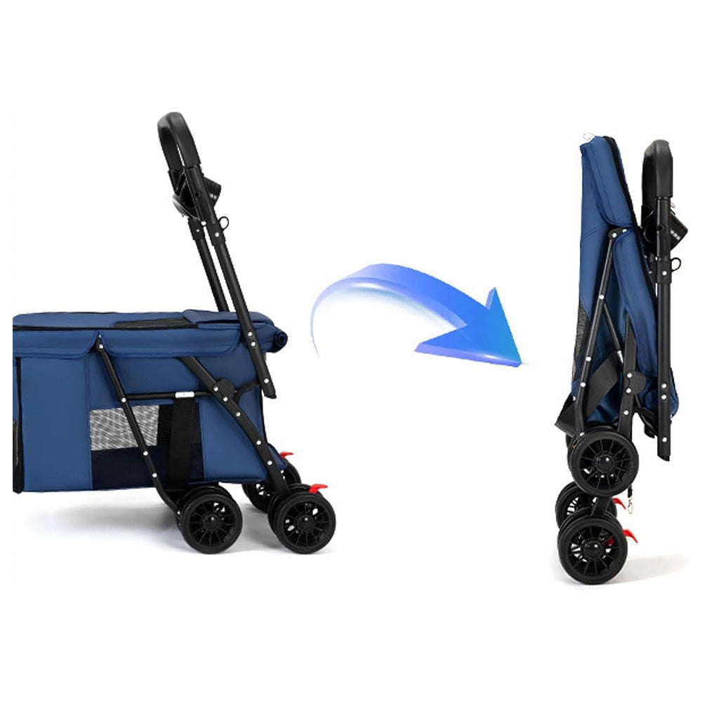Step-by-step fold of the blue pet stroller: from full setup to compact folded form, demonstrating its quick, space-saving design for convenient storage and travel.
