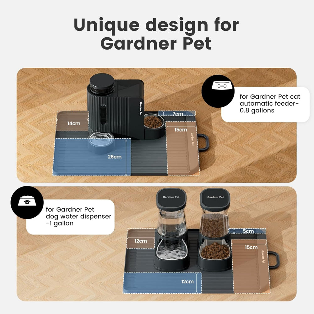 Gardner Pet feeding mat with custom dimensions for automatic cat feeder and dog water dispenser – a tailored solution to end compatibility worries, ensuring your pet’s feeding tools fit perfectly and stay mess-free.