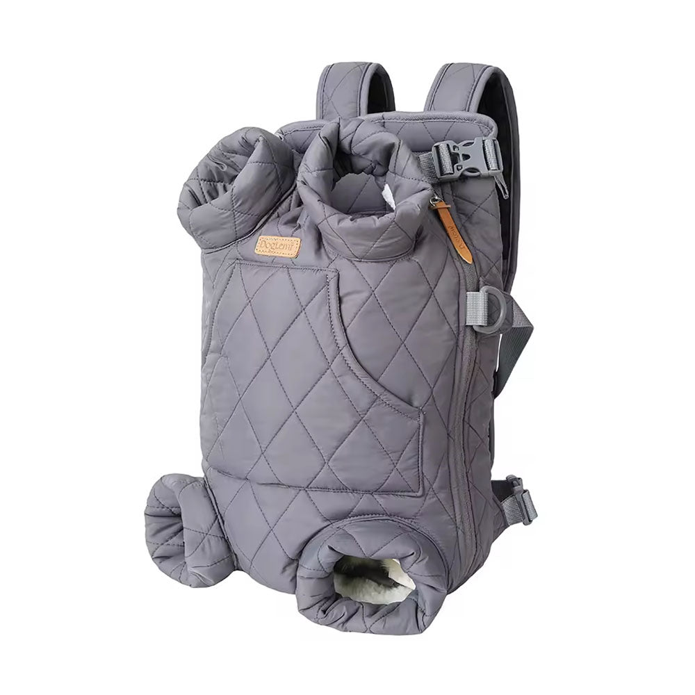 Soft gray quilted pet front/back backpack carrier with cozy interior, adjustable buckles, and four leg slots – designed for comfortable outdoor activities with your furry friend.