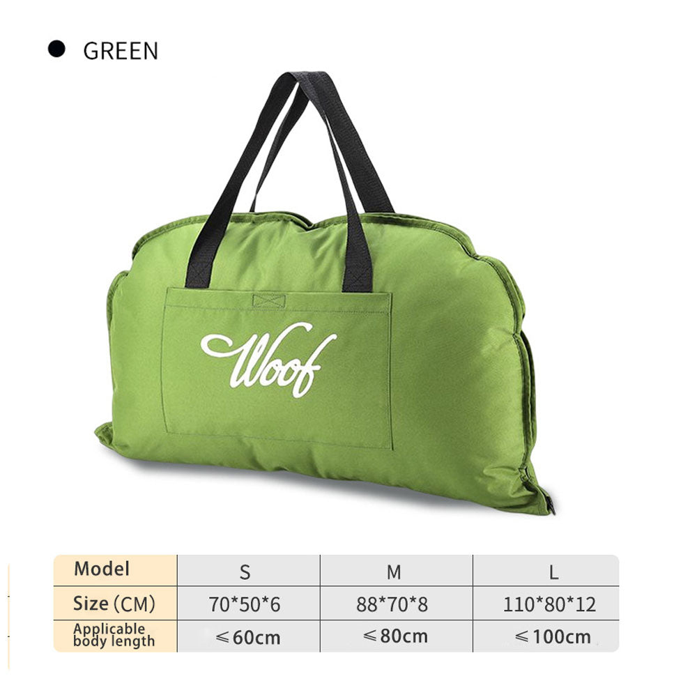 Green waterproof portable dog bed mat with durable carry handles, featuring a size chart (S/M/L) to help select the right fit for small, medium, and large dog breeds, suitable for outdoor and indoor use.