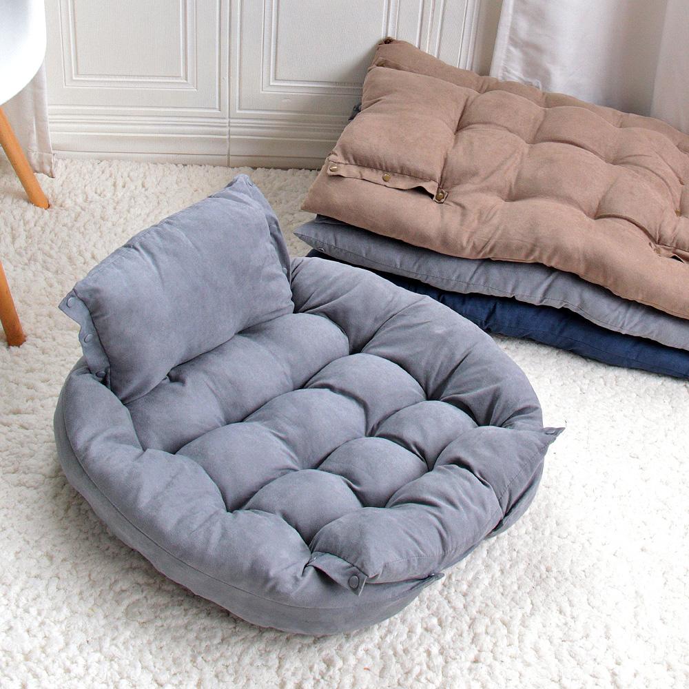 Grey convertible pet bed with multiple color options in the background – a stylish solution to eliminate dull pet furniture, providing your pet with a cozy spot that matches your modern home decor.