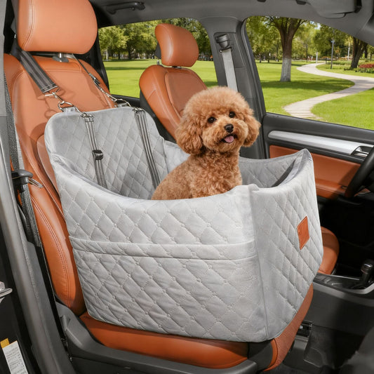 Grey pet car seat with a poodle in a car, featuring secure straps and plush design – a safe solution to end pet instability during car rides, ensuring your small dog travels comfortably and securely.