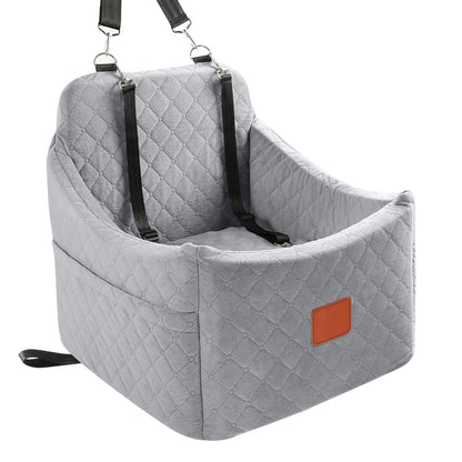 Grey quilted pet car seat with secure straps and plush construction – a stylish solution to address concerns about both looks and safety, providing a durable, attractive seat for your pet’s daily car trips.