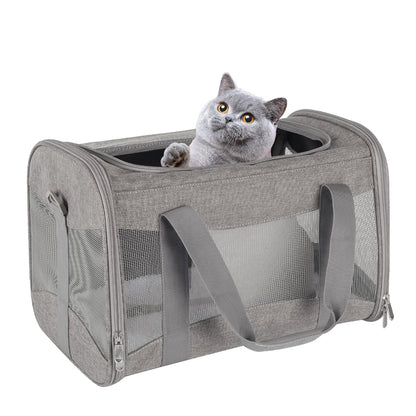 Grey linen pet carrier with a grey cat, highlighting its sleek design and robust materials – a practical solution for pet owners who value both style and durability, providing a secure space for pets on the go.