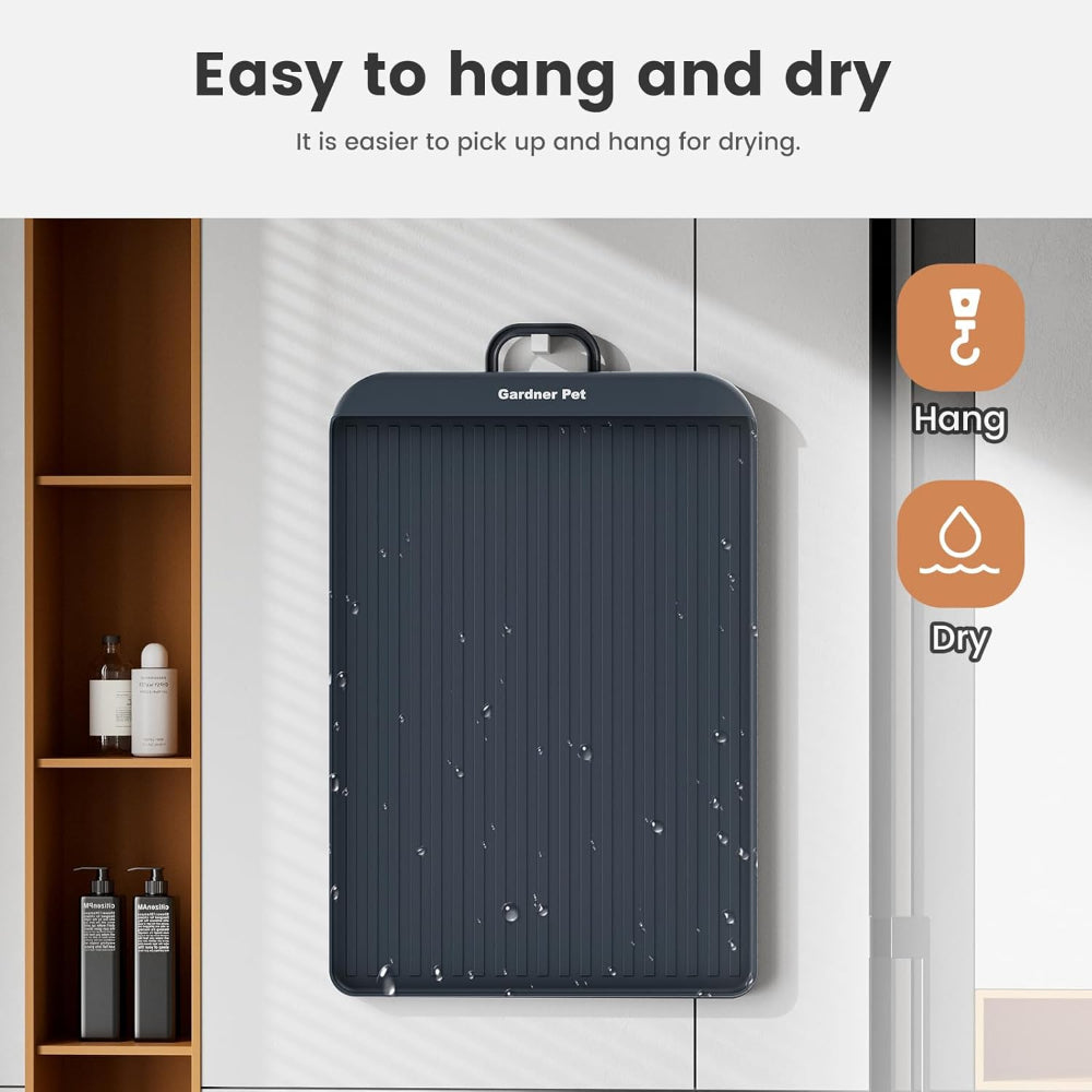 Gardner Pet feeding mat hanging for drying – a practical solution to ease drying and storage worries, letting you keep the mat fresh and ready for your pet’s next meal