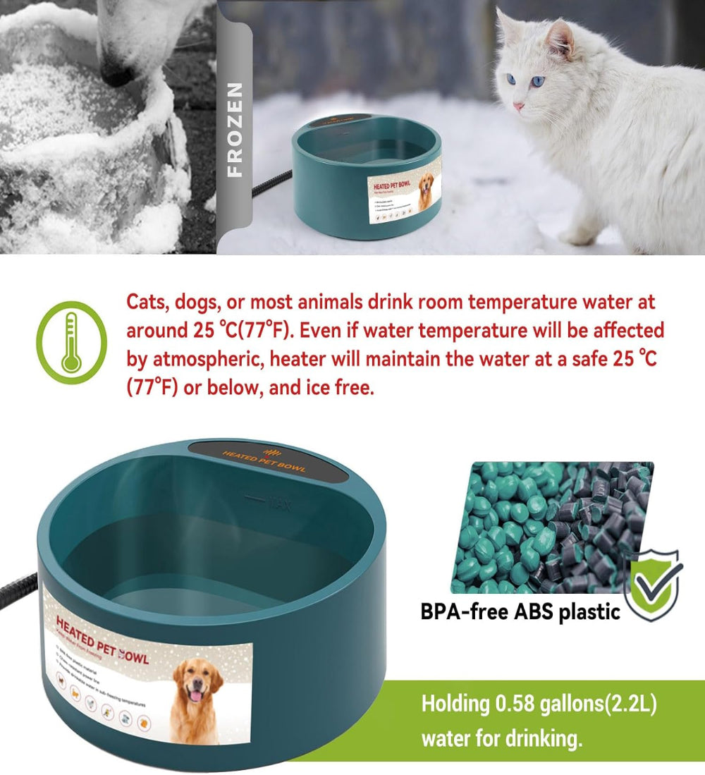 Heated pet water bowl in cold environment, keeping water at 25℃ (ice-free) with BPA-free ABS plastic and 2.2L capacity – a safe solution to end pets’ struggle with frozen water in winter, ideal for cats, dogs and most animals.