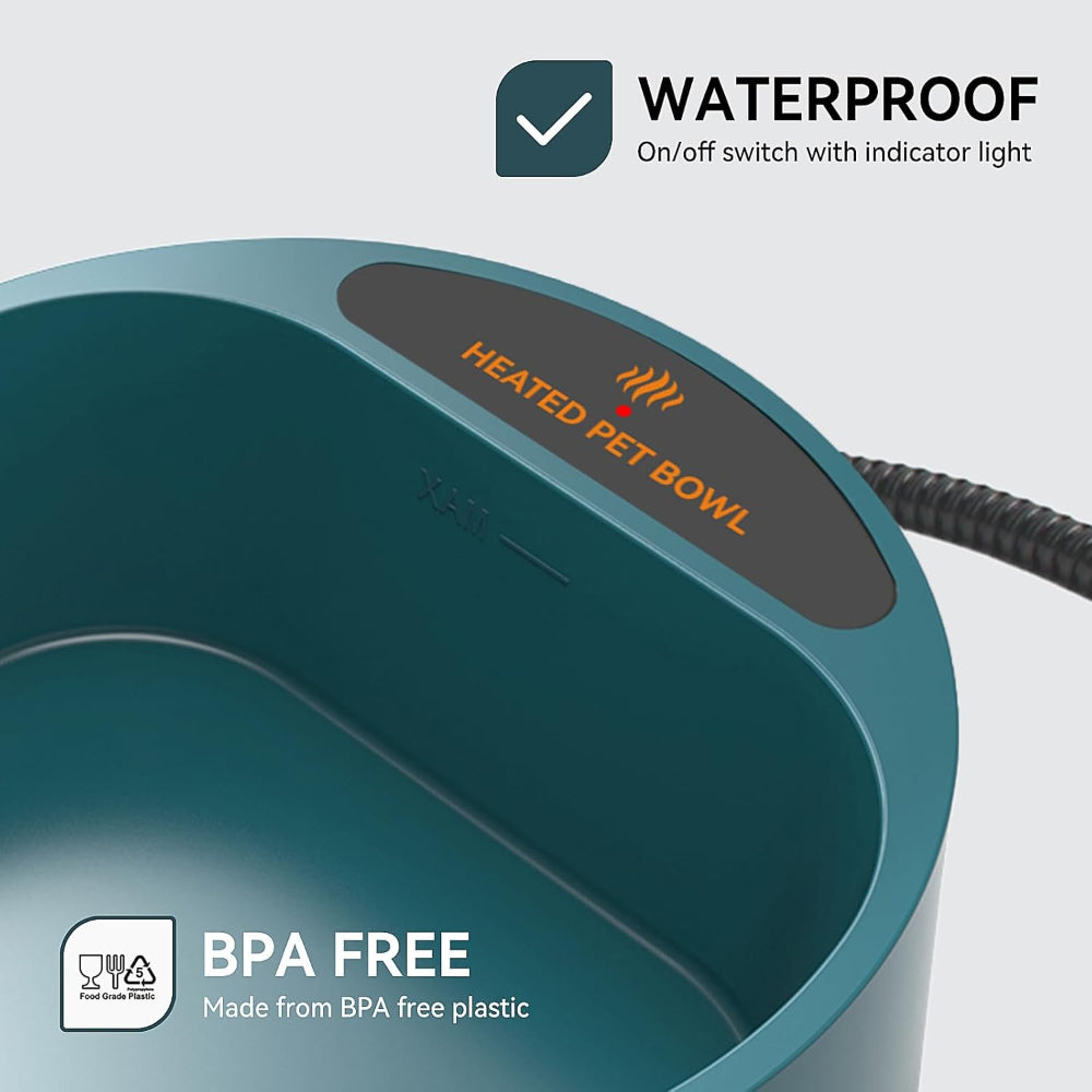 Heated pet water bowl featuring waterproof on/off switch (with indicator light) and BPA-free food-grade plastic – a safe, durable solution to address pet water bowl safety and longevity concerns.