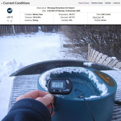Heated pet bowl showing 17.9℃ water temperature in -24℃ environment (Winnipeg, Dec 2020) – a reliable solution to end pets’ lack of liquid water in extreme cold, proving effective anti-freeze performance.
