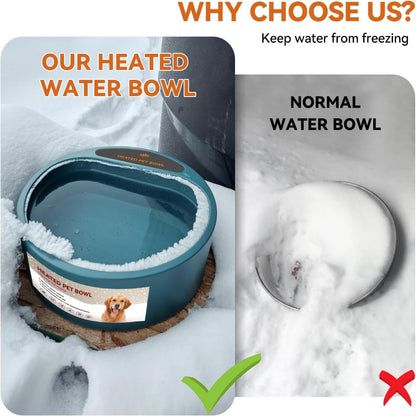 Comparison of heated pet water bowl (ice-free) and normal bowl (frozen) in snow – a clear solution to eliminate frozen water issues, ensuring your pet has accessible drinking water all winter long.