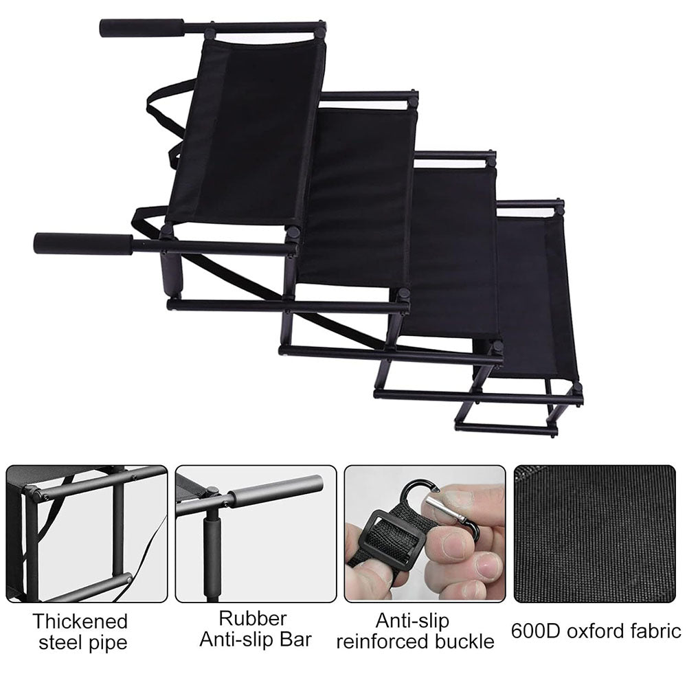 Sturdy dog stairs with thickened steel pipe frame, rubber anti-slip bars, reinforced anti-slip buckles, and 600D oxford fabric, ensuring long-lasting durability, stability, and safety for large and senior dogs.