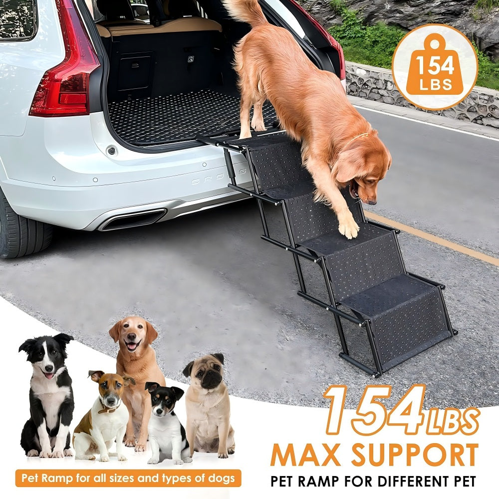 Sturdy 4-step dog ramp for cars, with non-slip steps and a maximum weight capacity of 154 lbs, suitable for large, medium, and small dog breeds to safely climb into vehicle trunks.