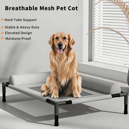 Elevated pet cot with hard tube frame, stable heavy-duty construction, and moisture-proof raised design, featuring a golden retriever sitting on it to showcase durability and comfort for large pets.