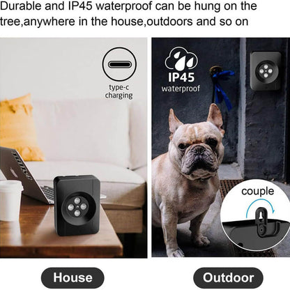 Durable IP45 waterproof ultrasonic bark control device, shown in indoor home setting and outdoor wall-mounted use, with Type-C charging and a hanging hook for flexible placement.