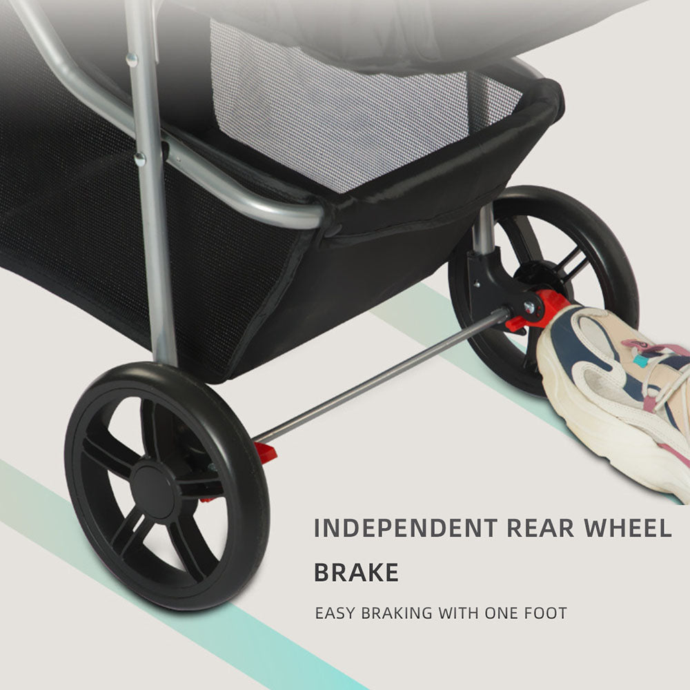 Secure pet stroller with independent rear wheel brakes, operable with a single foot. Provides reliable stopping power and peace of mind during walks or when parked on slopes.