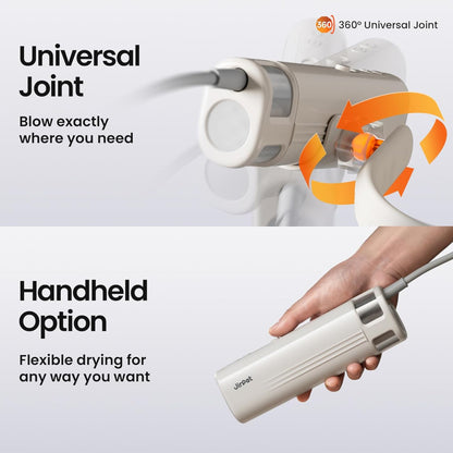 Jirpet pet dryer with 360° universal joint and handheld option – a dependable choice to address uneven drying woes, ensuring every part of your pet’s coat gets dried, no matter how tricky the angle.