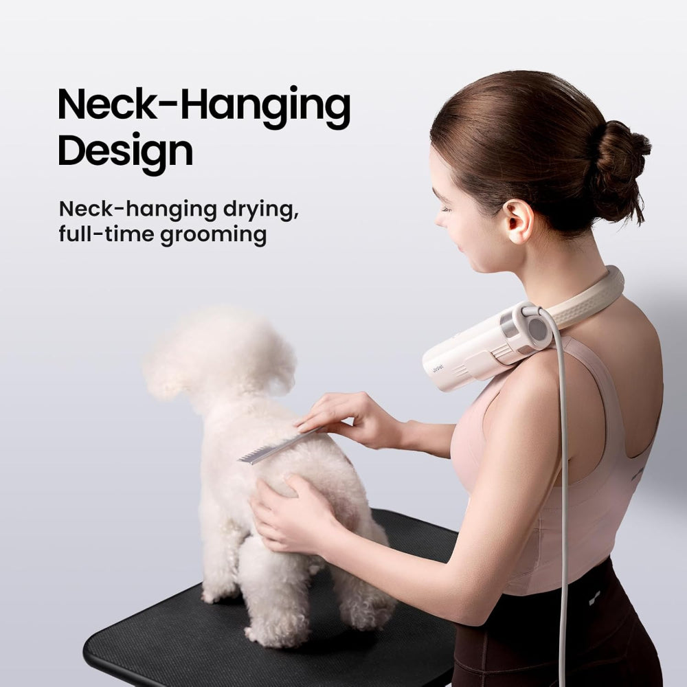 Jirpet neck-hanging pet dryer in use during grooming – a trusted hands-free solution to stop the struggle of multitasking, allowing you to brush and comfort your pet while drying, making grooming a joyful bonding experience.