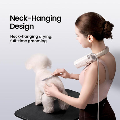 Jirpet neck-hanging pet dryer in use during grooming – a trusted hands-free solution to stop the struggle of multitasking, allowing you to brush and comfort your pet while drying, making grooming a joyful bonding experience.