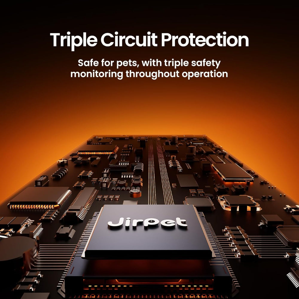 Jirpet pet dryer with triple circuit protection – a reliable choice to ease pet parents’ fears of overheating, ensuring safe, consistent drying for your pet’s delicate skin.