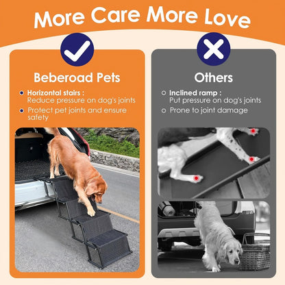 Comparison of horizontal dog stairs (Beberoad Pets) vs. inclined ramps, highlighting how flat steps reduce joint pressure and protect dog mobility, unlike sloped ramps that risk joint damage.
