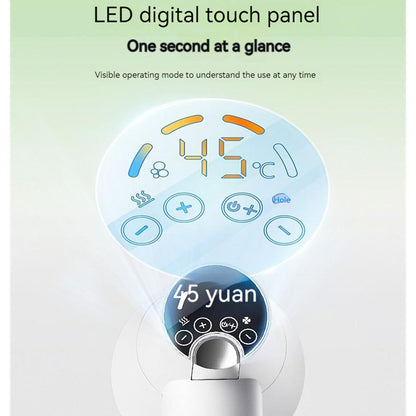 Close-up of the LED digital touch panel on a 2-in-1 pet dryer brush, showing real-time temperature (45°C) and easy-to-use controls for precise grooming adjustments.
