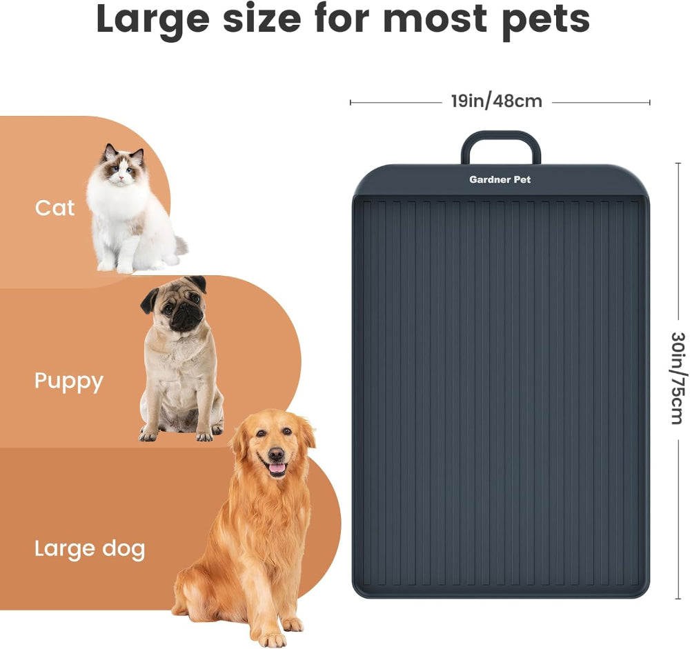Large 30x19in pet feeding mat with size comparison for cats, puppies, and large dogs – a spacious solution to end size worries, providing enough space for pets of all sizes to eat without mess.
