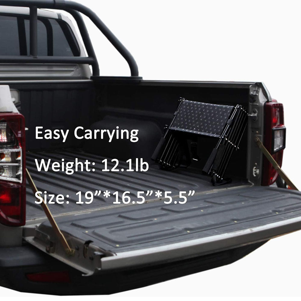 Compact foldable dog stairs weighing only 12.1 lbs (19"*16.5"*5.5" folded size), shown stored in a pickup truck bed, emphasizing portability and space-saving storage for travel and outdoor trips.