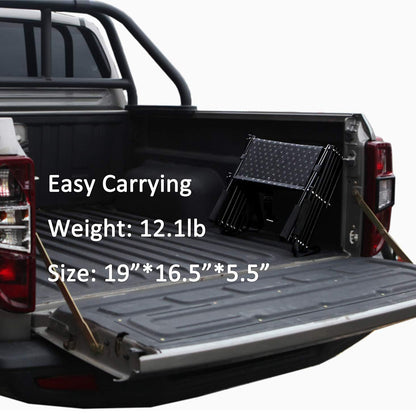 Compact foldable dog stairs weighing only 12.1 lbs (19"*16.5"*5.5" folded size), shown stored in a pickup truck bed, emphasizing portability and space-saving storage for travel and outdoor trips.