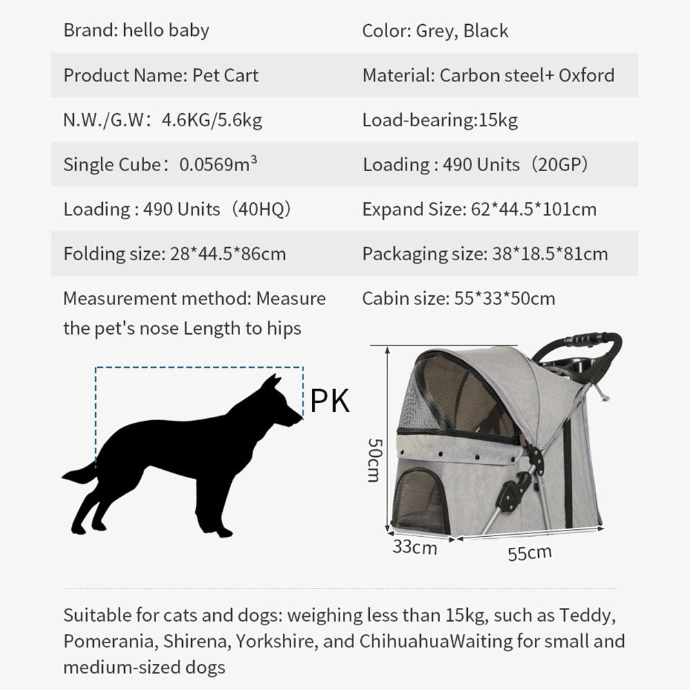 Lightweight foldable pet stroller with carbon steel frame and Oxford fabric, suitable for small dogs and cats up to 15kg. Features grey and black color options, compact folding size, and spacious cabin dimensions (55*33*50cm). Ideal for Teddy, Pomeranian, and Chihuahua breeds.