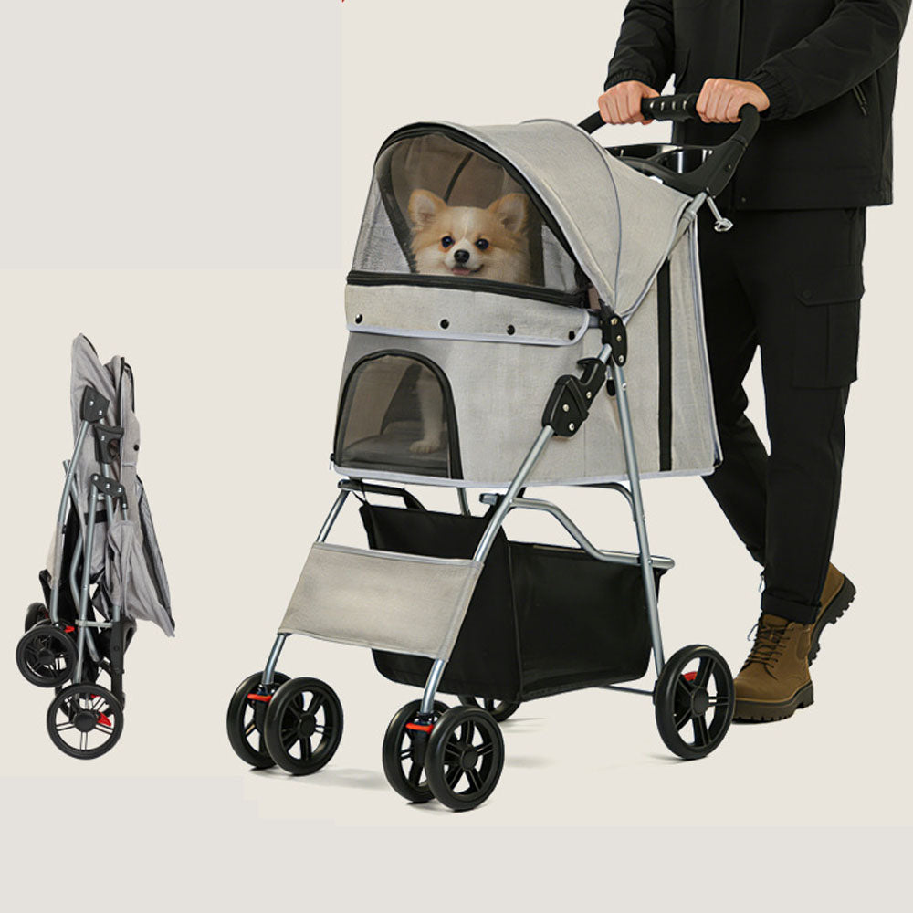 Adorable small dog enjoying a ride in a lightweight, foldable pet stroller. Demonstrates the stroller's compact folded size for easy transport and its comfortable, spacious cabin for pets. Ideal for daily walks, vet visits, and travel.