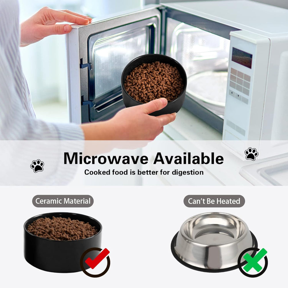 Ceramic pet food bowl being heated in a microwave, highlighting its microwave-safe feature for better digestion, with a comparison to non-heatable stainless steel bowls – perfect for cats and dogs.