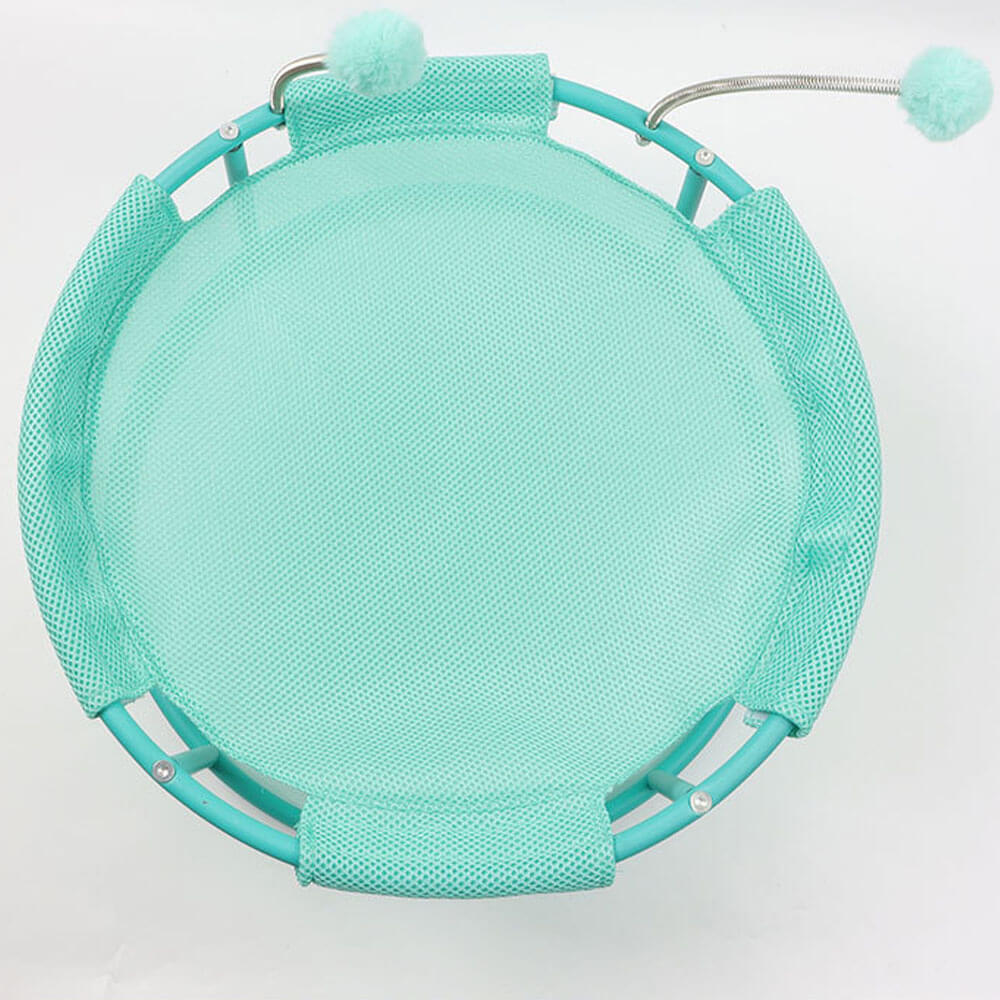 Empty mint green cat hammock with breathable mesh, sturdy steel frame, and spring pom-pom toys, a stylish pet bed option for cats and small dogs.