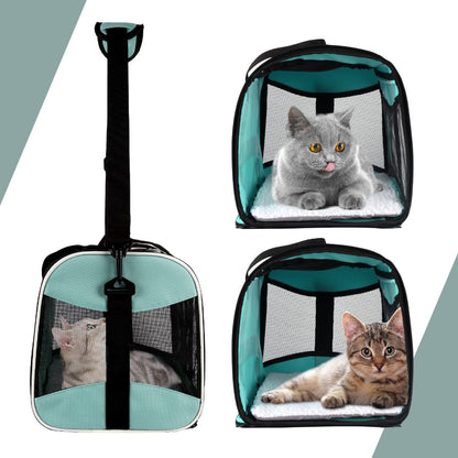 Pet carrier with multiple carrying styles and cats lounging inside – a versatile solution to address limited travel methods, providing shoulder strap, handheld options, and a cozy space for your cat’s relaxation.