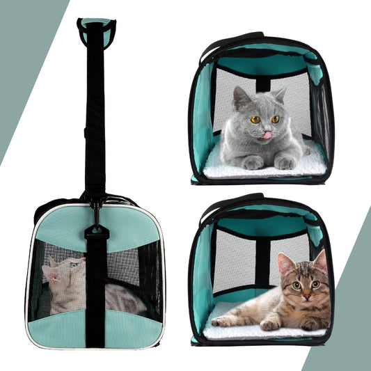 Pet carrier with multiple carrying styles and cats lounging inside – a versatile solution to address limited travel methods, providing shoulder strap, handheld options, and a cozy space for your cat’s relaxation.