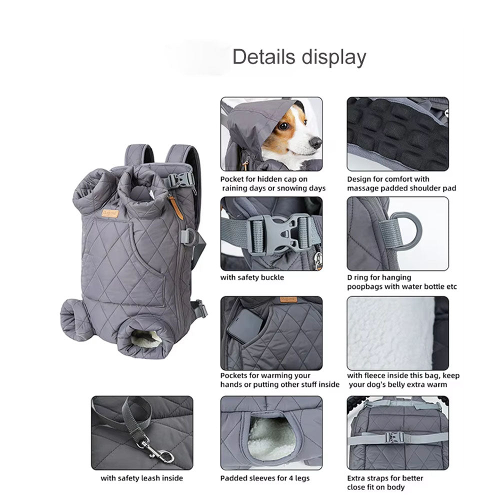 Gray quilted pet carrier backpack with hidden rain cap (for snow), massage padded shoulder straps, safety buckle, D-ring (for poop bags/water bottles), hand-warming pocket, fleece lining (keeps pets warm), safety leash, padded leg sleeves, and extra secure straps – all-in-one design for outdoor pet transport.