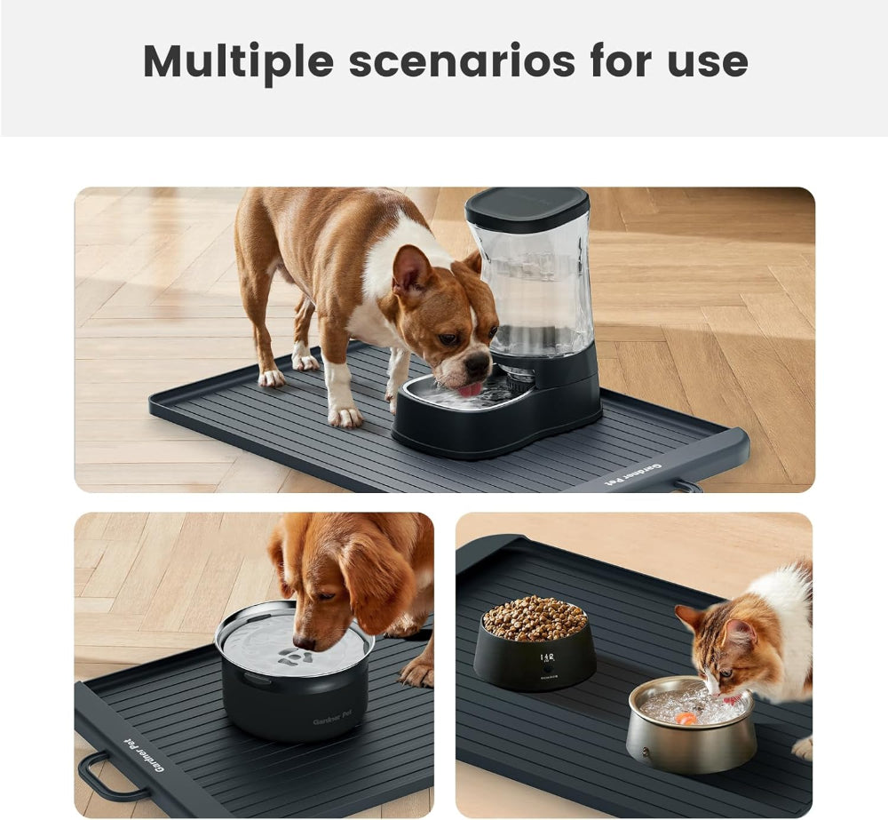 Pet feeding mat used with water dispenser, dog bowl, and cat bowl – a versatile solution to eliminate single-use frustrations, working with various pet feeding and watering tools for dogs and cats.