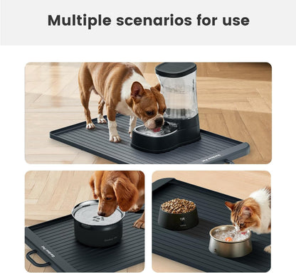 Pet feeding mat used with water dispenser, dog bowl, and cat bowl – a versatile solution to eliminate single-use frustrations, working with various pet feeding and watering tools for dogs and cats.