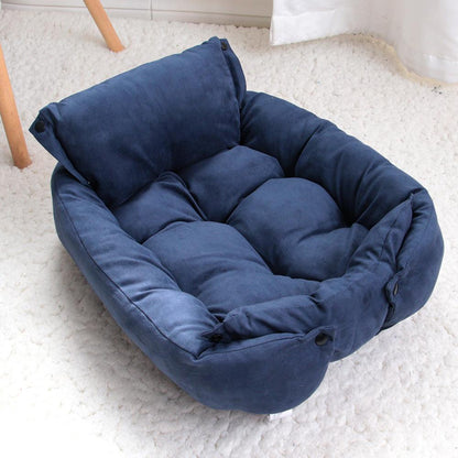 Navy convertible pet bed sofa with soft, plush material – a versatile solution to end the search for a pet bed that suits your style, offering your furry friend a comfortable place to rest and play, suitable for dogs and cats.
