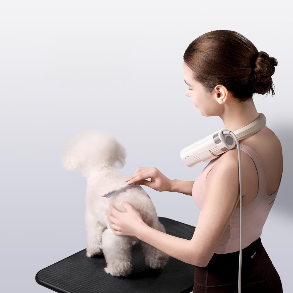 A woman grooming a white Poodle: using a hands-free neck-mounted pet hair dryer (for comfortable post-bath drying) and a comb, with the dog standing on a non-slip pet grooming table – essential pet grooming gear designed to simplify at-home dog coat care.