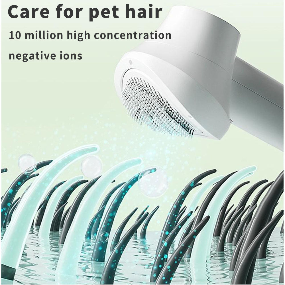 2-in-1 pet dryer brush releasing 10 million negative ions to reduce static, detangle fur, and leave pet coats soft, smooth, and healthy after every groom.