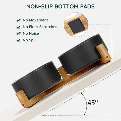 Ceramic dual pet bowls on bamboo stand with non-slip bottom pads, featuring 45° tilted design, preventing movement, floor scratches, noise, and spills – ideal feeding solution for cats and dogs