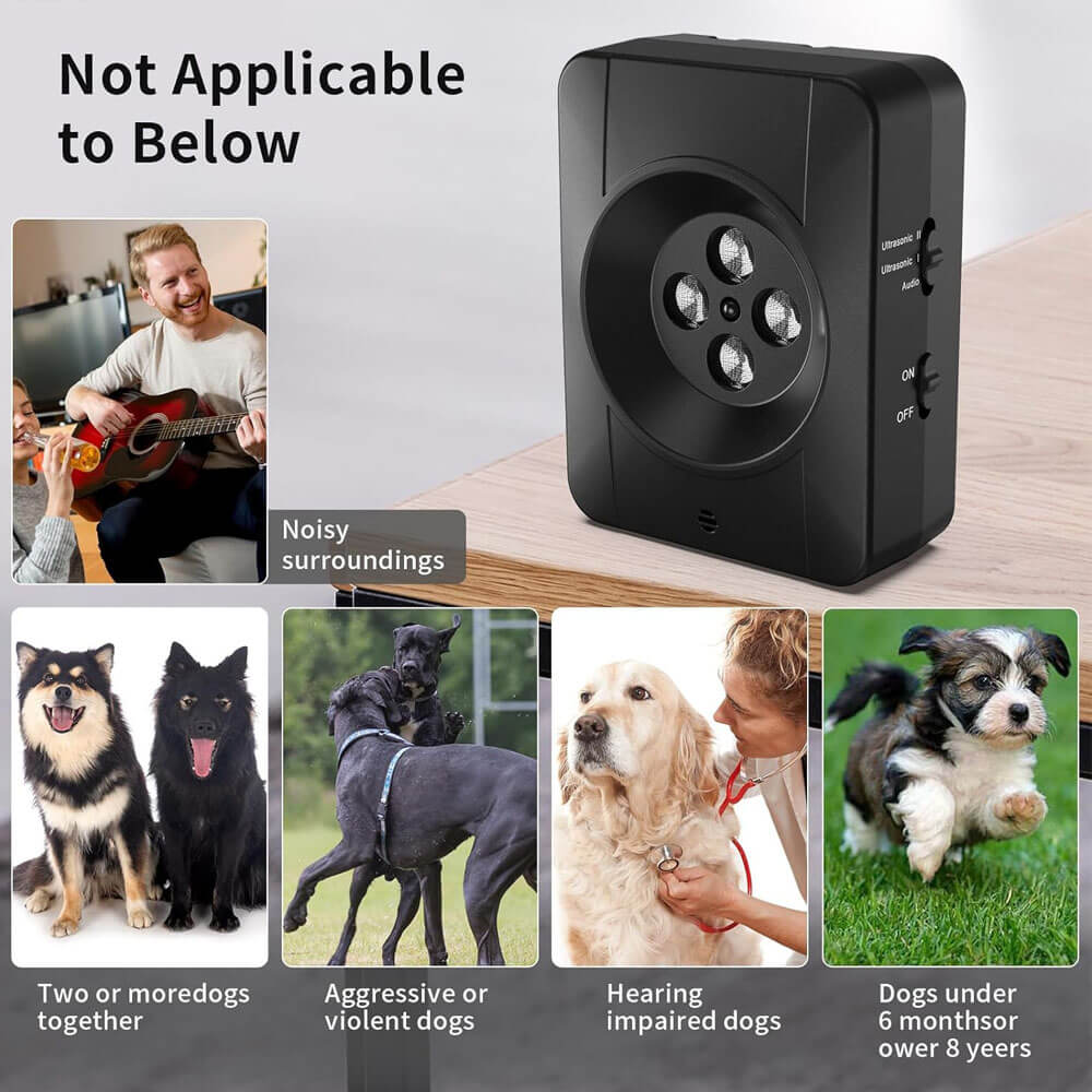 Ultrasonic bark deterrent device with notes on non-applicable scenarios: noisy surroundings, multiple dogs together, aggressive/violent dogs, hearing-impaired dogs, and dogs under 6 months or over 8 years old.