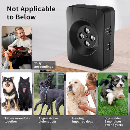 Ultrasonic bark deterrent device with notes on non-applicable scenarios: noisy surroundings, multiple dogs together, aggressive/violent dogs, hearing-impaired dogs, and dogs under 6 months or over 8 years old.