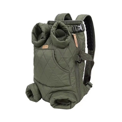 Durable olive green padded pet carrier (front/back wear) featuring adjustable straps, four leg openings, and a small pocket for pet essentials like treats or waste bags.