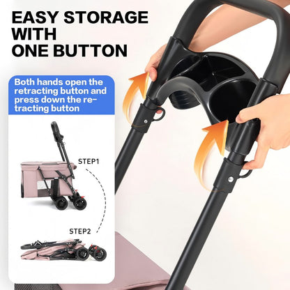 Step-by-step guide to folding the pet stroller with one button: hands pressing the retracting button to collapse the pink cart into a compact, space-saving size for easy storage and travel.