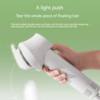 A 2-in-1 pet dryer brush with a double-layer push-type comb, allowing you to remove all floating pet hair in one light push for fast, hygienic grooming cleanup.