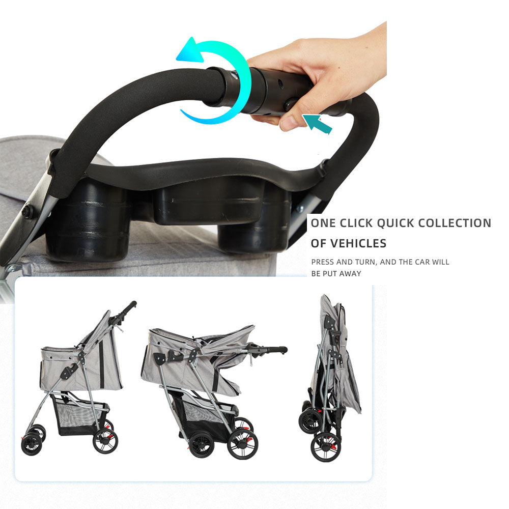 Easy one-click folding pet stroller: simply press and turn the handle to collapse the stroller compactly. Perfect for convenient storage, car transport, and on-the-go pet adventures.